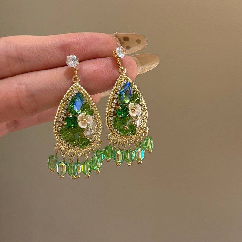 Medieval Silver Needle with Diamond Resin Water Drop Flower Fringed Stud Earrings Retro Ethnic Style Earrings Design Sense Niche Earrings
