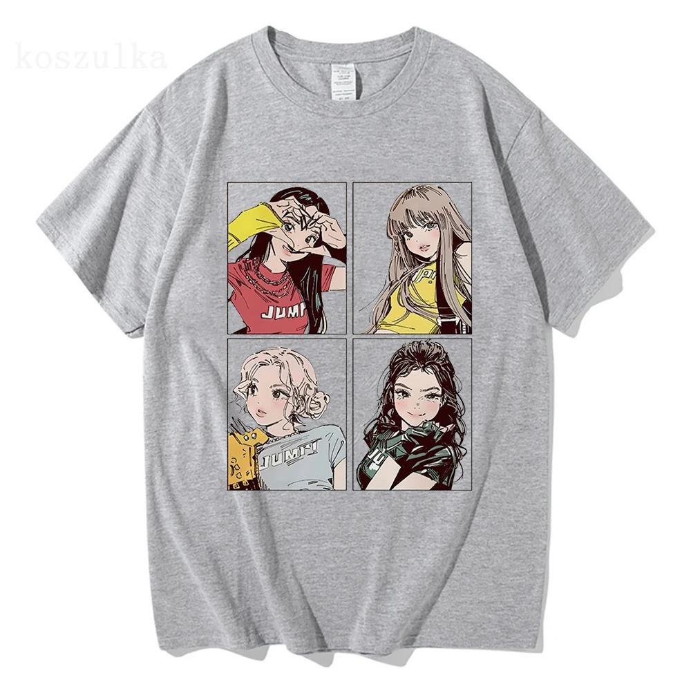 K-pop Style Anime Girl Quartet Panel T-Shirt, Unisex JUMI Graphic Streetwear Tee, 100% Cotton Casual Short Sleeve Top