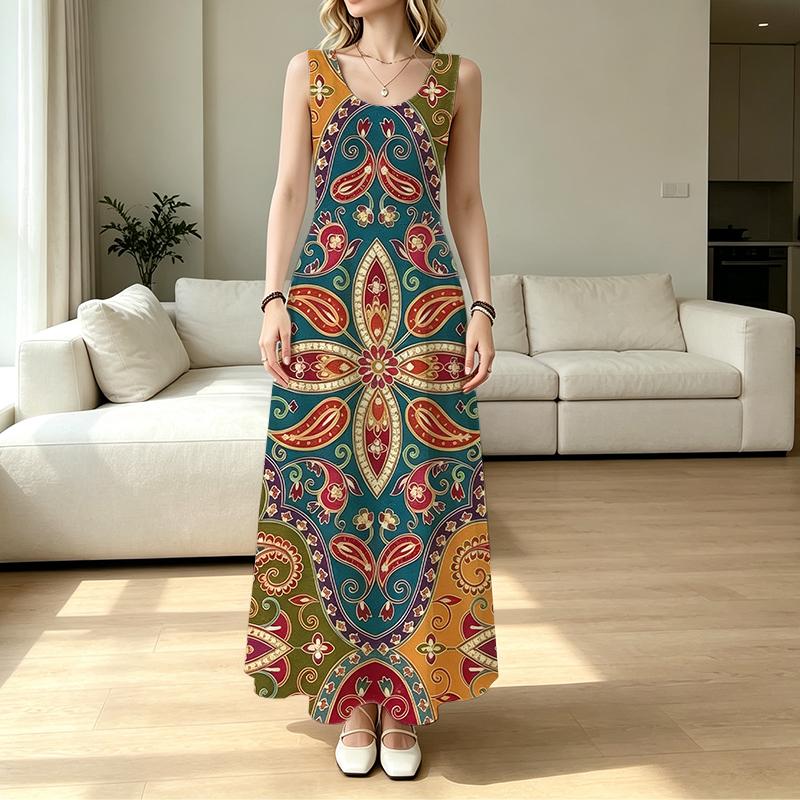 Women's Casual Sleeveless Paisley Print Maxi Dress,Loose Fit Vintage Multicolor,Comfortable for Daily Beach & Casual Outings,Versatile Stylish Wear