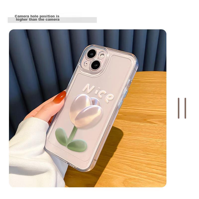 IPhone 13 Case, Full Protection Shockproof Cover, Creative Transparent Painted Tulip Desig