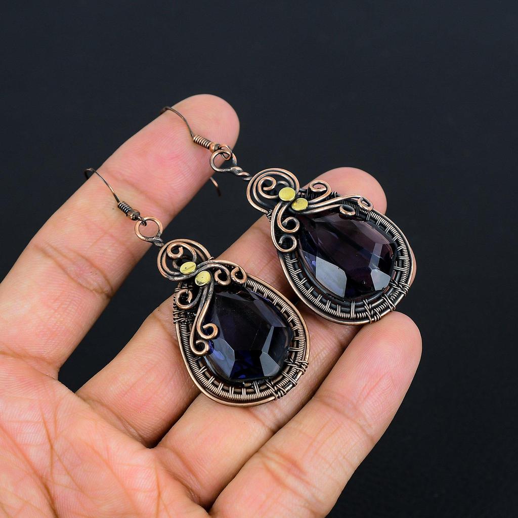 Amethyst Earrings Gemstone Jewelry, 999 Copper Wire Wrapped Earrings, Gift For Women Handmade Earrings