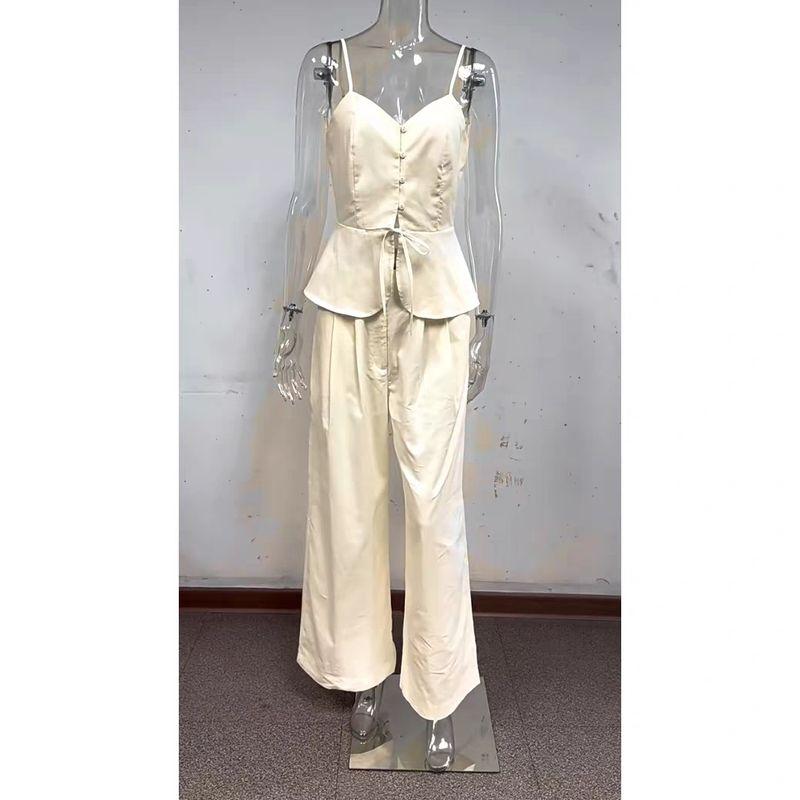 

Tank Top and Pants Set Western Style New Fashion Sexy Cami Wide Leg Pants Two-piece Set Shallow khaki S