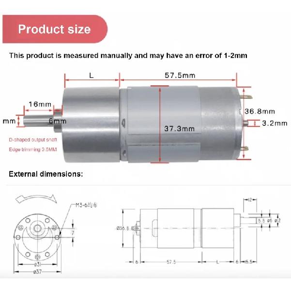 JGB37-555 High Torque Low Speed 12V Electric DC Gear Motor Micro 24V 555 Dc Gearbox Reduction Motor Geared Motor for Robot Arm