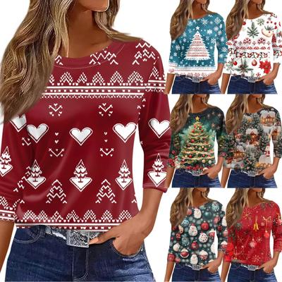 Women's T Shirt Christmas Print 3/4 Sleeve Daily Weekend Fashion Basic Round Neck Regular Top
