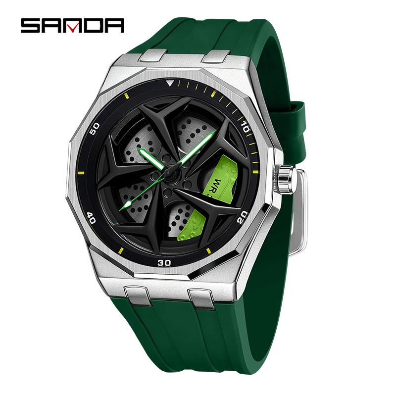 SANDA Men's Waterproof Luminous Polygonal Quartz Watch with 3D Rotating Dial and Silicone Band