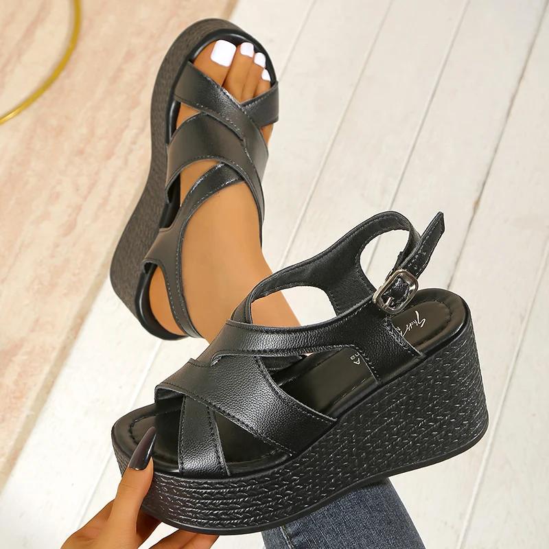 Fashion Chunky Platform Sandals for Women Thick Bottom Cross Strap Gladiator Sandals Woman 2025 Summer Fashion Wedge High Heel Sandalias