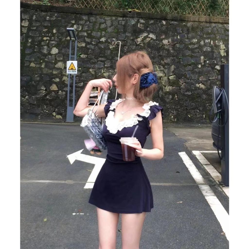 Spice Girl Feifei Sleeve Dress Women's Summer Lace Splicing Design Sense Celebrity Pure Desire Wind Waist A-shaped Skirt