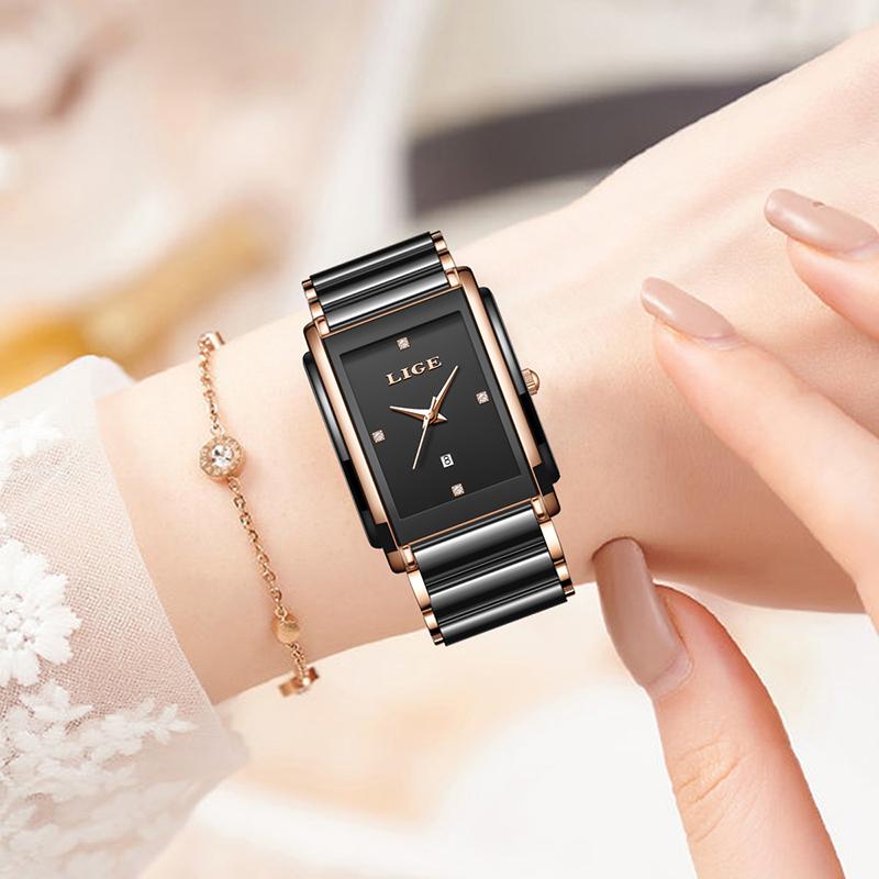 LIGE Women's Watch TOP Luxury clock Fashion business Ceramic Strap Waterproof quartz ladies watches Casual montre femme+BOX