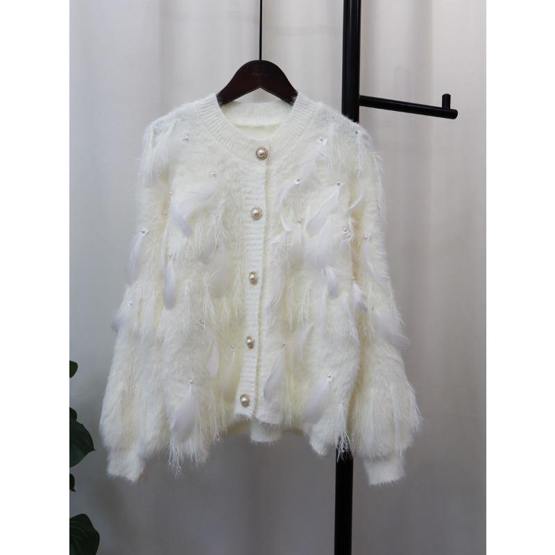 Autumn and Winter Imitation Mink Velvet Gentle Wind Design Feeling Feather Beads Fringed Knitted Cardigan Sweater Jacket Women