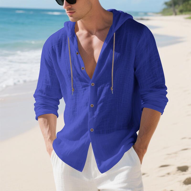 Oversized Shirt - Spring/Autumn Loose-Fit Solid-Colour Linen Men's Casual Long-Sleeved Hooded Cardigan
