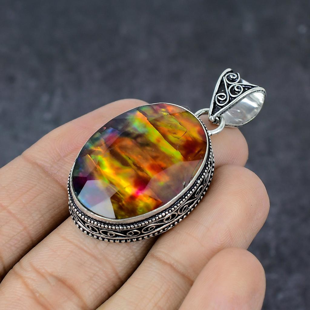 Ammolit Edelstein Handgefertigt 925 Sterling Silber Geschenk Schmuck Anhänger 2" G0k28