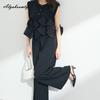 Summer Women Office Lady 2 Pcs Set O Neck Solid/Striped Sleeveless Bow Top+Wide Leg Pants Elegant Feminine Ladies' Suit