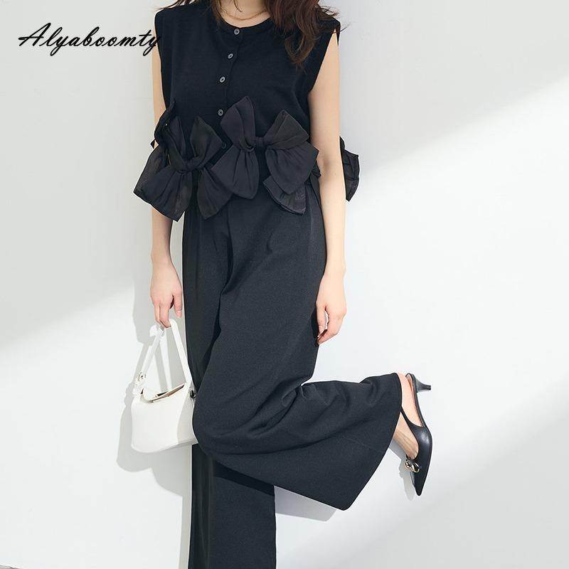 Summer Women Office Lady 2 Pcs Set O Neck Solid/Striped Sleeveless Bow Top+Wide Leg Pants Elegant Feminine Ladies' Suit