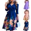 Vestido Feminino Cor Sólida Gola Reversível Manga Três Quartos Estampa Floral Vestido de Primavera
