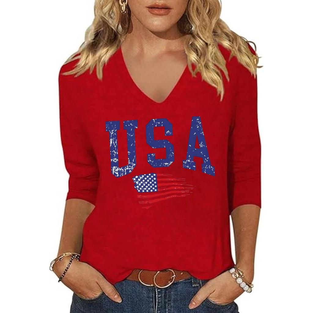 Women Casual V Neck Long Sleeve Top USA Letter Print Lightweight Loose Fit Pullover Shirt for Everyday Wear and Holiday Events