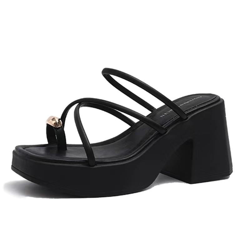 Beautiful cool slippers women's summer new fashion high-end sense toe thick heel thick sole non-slip casual high heels