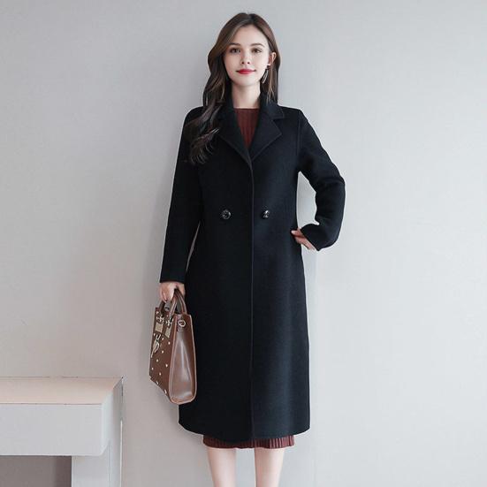 Women Jacket Turn-down Collar Pockets Solid Color Double-breasted Loose Fit Overcoat Thermal Long Sleeved Commuting Dating