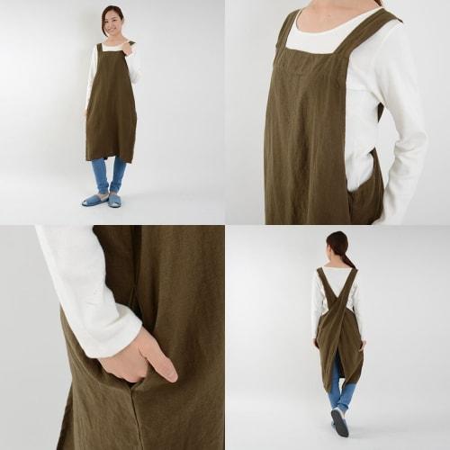 fabrizm Tablier Apron, Made in Japan, Soft Linen, Khaki Brown, 1555zbr