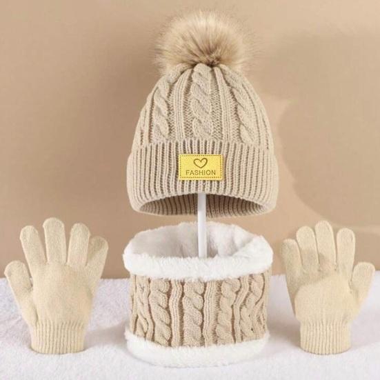 3Pcs/Set Kids Winter Hat Scarf Gloves Set Plush Ball Decor Twist Texture Brimless Hat Knitting Gloves Fleece Lining Neck Gaiter Set