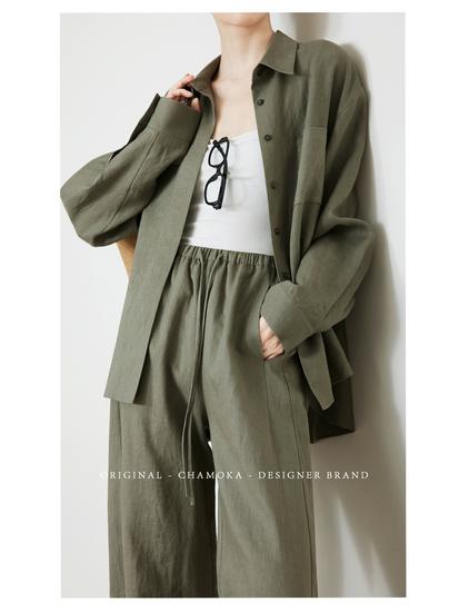 Women's White Straight-Leg Linen Pants, Elastic Waist, Spring/Summer Old Money Style, Extended Length.