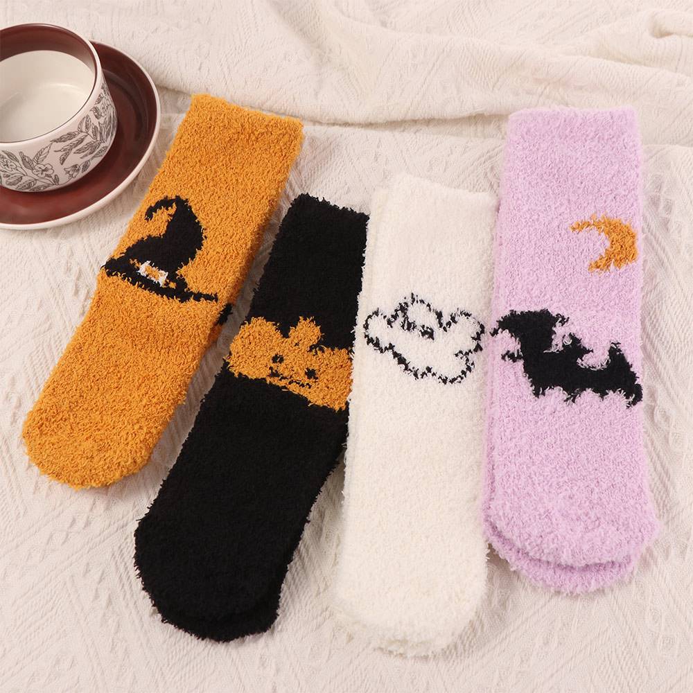 4pairs/set Soft Halloween Socks Coral Fleece Bat Ghost Mid-Calf Socks  Female