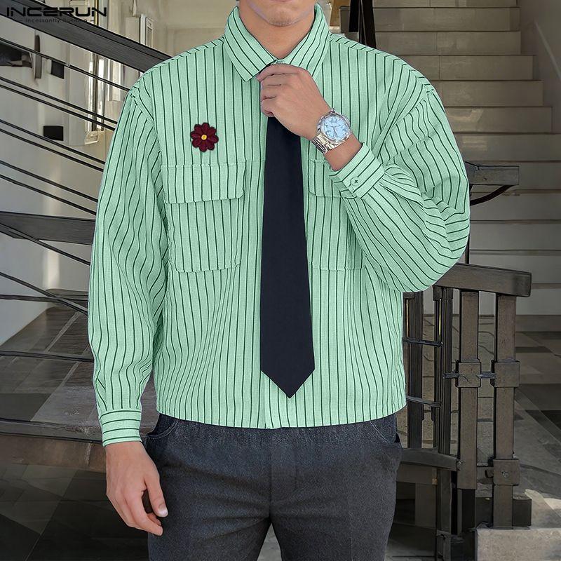 INCERUN Oversized College Style Men Turn-down Collar Tie Long Sleeve Striped Casual Shirts