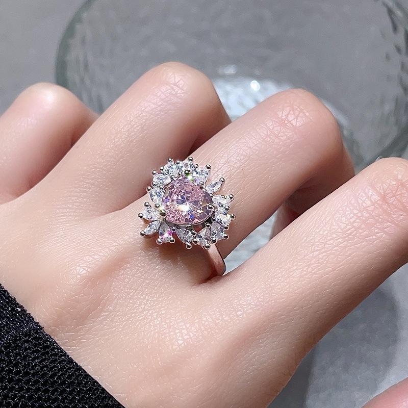 Sweet And Cool Wind Series Pink Zircon Colored Treasure Open Ring Light Luxury High Sense Personalized Flower Ring Woman