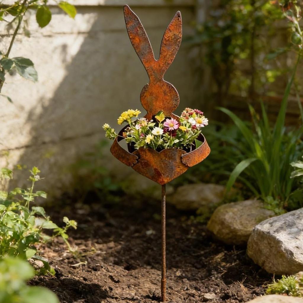 Bunny Yard Stake Plant Holder Rustic Patina Finish Rabbit Silhouette Bunny Planters for Outdoor Plants for Garden Patio Spring