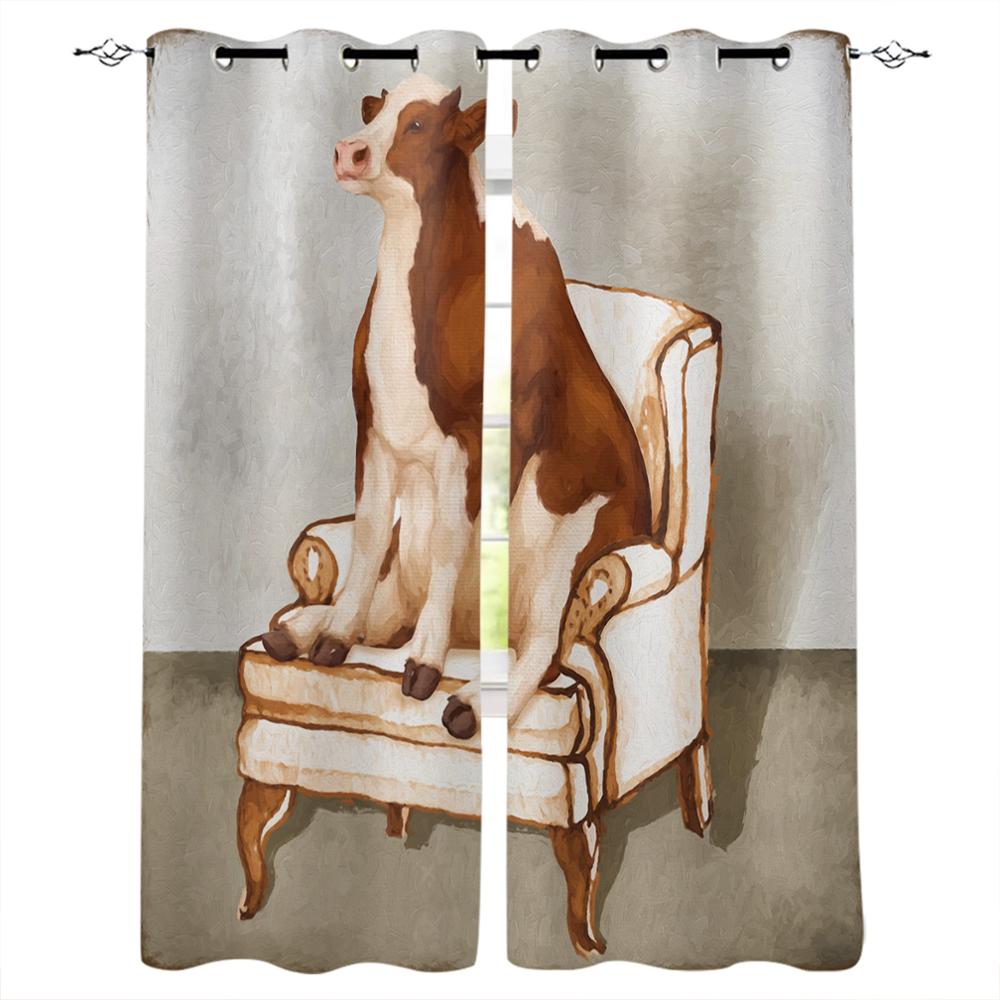 Animal Cow Color Oil Painting Window Curtains Bedroom Kitchen Drapes Panel Curtains for Living Room Christmas Home Decor