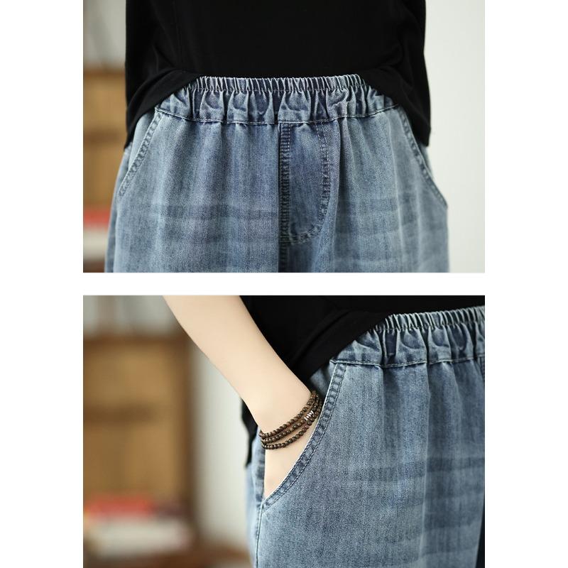 Dimanaf Plus Size 2025 Dámské Kalhoty Léto Volné Džíny Vysoký Pas Patchwork Vintage Harémové Kalhoty Pružný pas