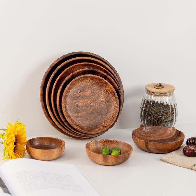 Japanese Solid Wood Round Fruit Dish Household Dim Sum Fruit Salad Dish Baby Fall Proof Wooden Bowl Whole Wood Thickened Dish
