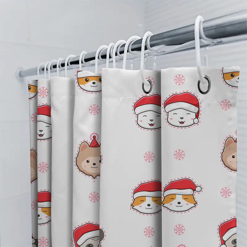 Adorable Dogs Christmas Shower Curtain Set for Bathroom Decor Waterproof Fabric with Santa Hats Snowflakes Pattern