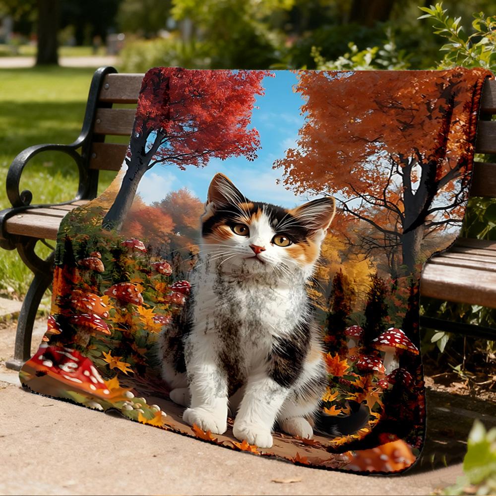 1pc Autumn Forest Cat Print Outdoor Soft Polyester Flannel Throw Blanket Versatile for All Seasons , Soft , Cozy , Warm All Season Quilted Throw ,