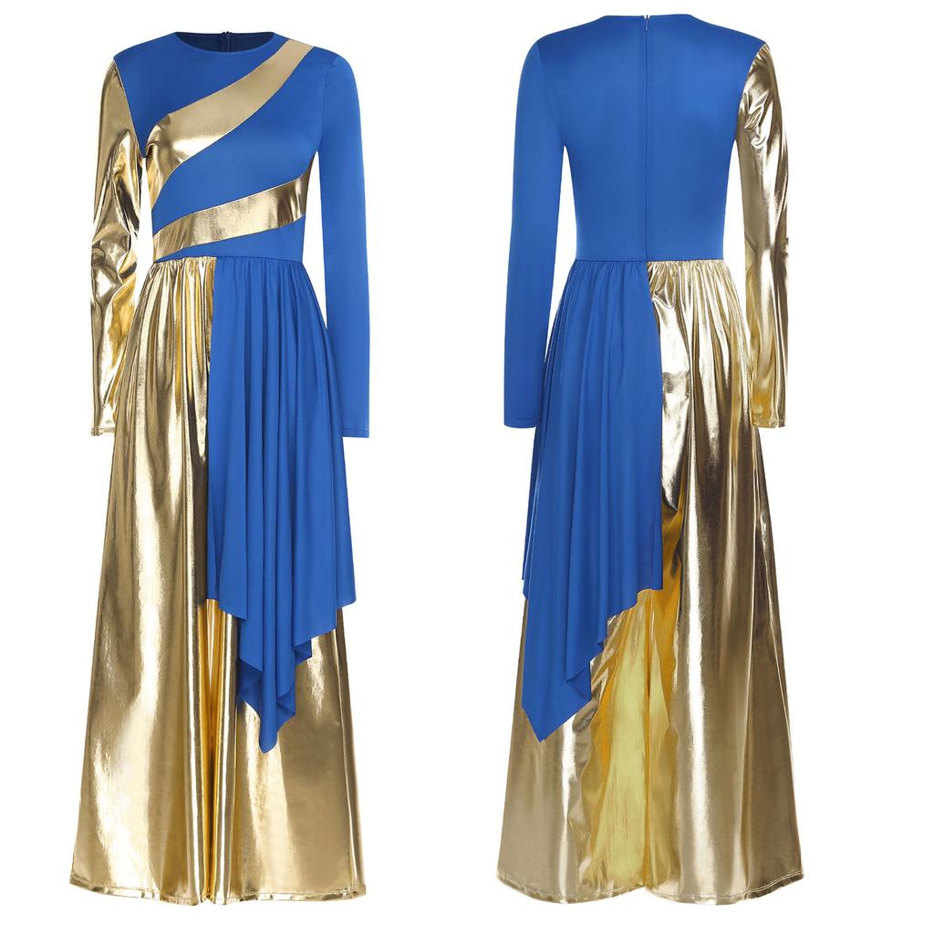 S-3XL Versatile Praise Dance Wear: Eye-Catching Metallic Patchwork Jumpsuit Featuring an Artistic Irregular Drape Design