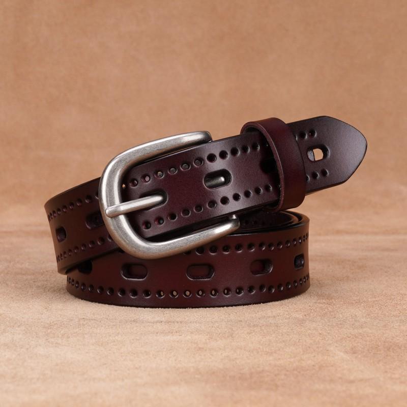 Womens Genuine Leather Belt With Hollow Design Pin Buckle Slim Width Jeans Dress Pants Black Coffee White