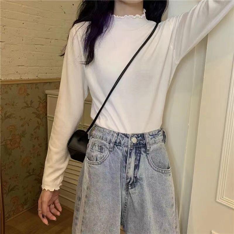 

Ruffle Half Turtleneck Sweater for Women In Autumn and Winter Solid-color Long-sleeved Knitted Sweater Slimming and Casual Pullover M белый