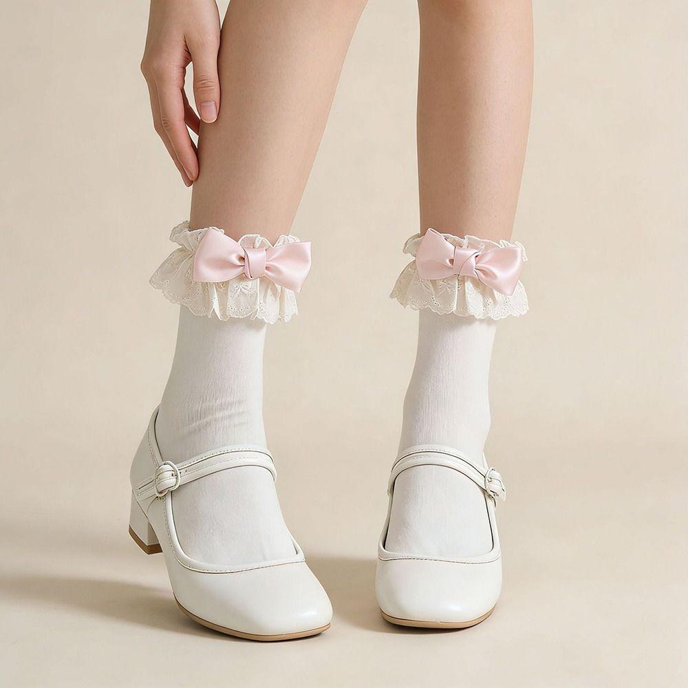 White Women Socks Lolita Bowknot Socks Japanese Short Crew Socks Spring Summer