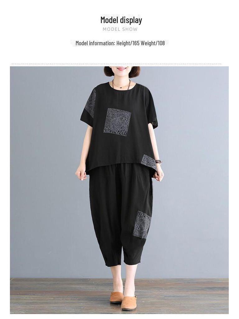 2025 Casual Plus-Size Summer Two-Piece Set: Loose Short-Sleeved Top & Trousers