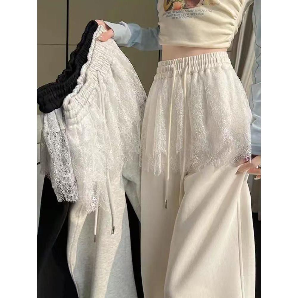 Women's High-Waisted Lace Patchwork Wide-Leg Sweatpants for Spring/Summer