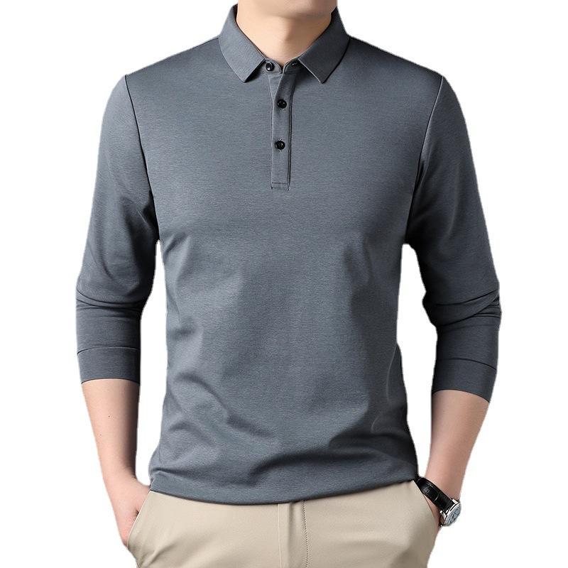 Spring Mulberry Silk T-shirt Men's Long-sleeved Polo Shirt Lapel Business Casual Paul Shirt Top Mercerized Cotton