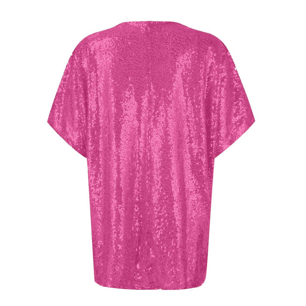 Sequin Tops V-Neck Short Sleeve Women's Tops Loose Shiny Tops For Women Dress Up Tops For Party