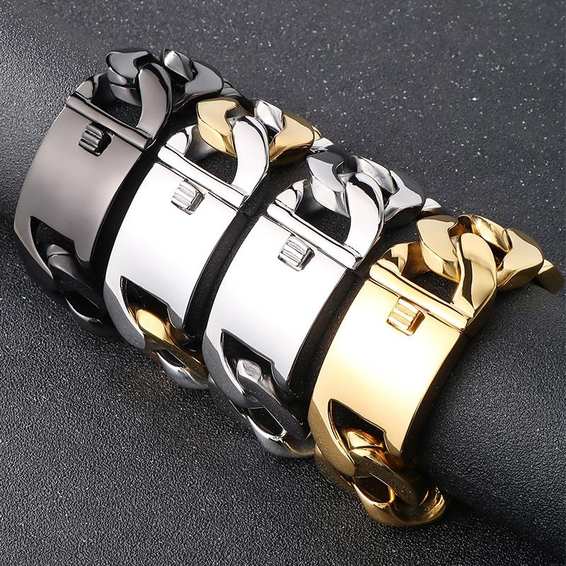 Domineering Flat Cuban Chain Bracelet Men‘s 30MM Chunky Stainless Steel Jewelry Shiny Exaggerated Rectangular Accessory