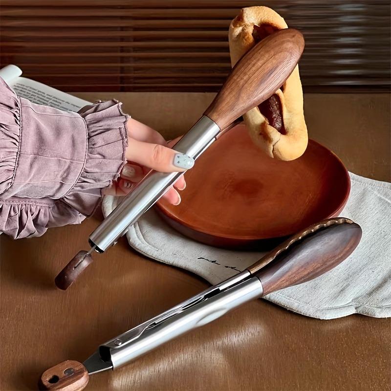 1pc Heavy Duty Stainless Steel Kitchen Tongs Non-Scratch Heat Resistant with Wooden Handle for BBQ Serving Flipping Cooking