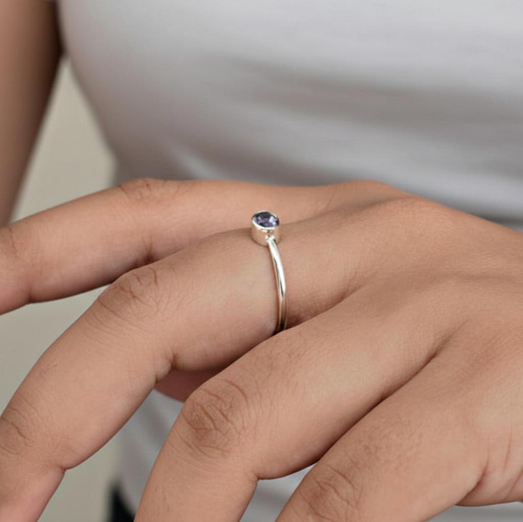 Dainty Amethyst Ring in 925 Sterling Silver, Minimal Purple Gemstone Ring, Simple Everyday Wear Ring