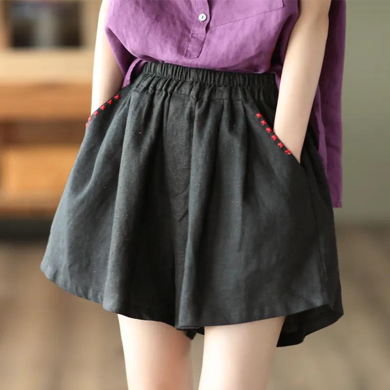 

Women s 2024 Summer Retro Embroidered Cotton Linen Shorts, Elastic Waist, Ethnic Wide-Leg Pants 2XL 130-145 kg