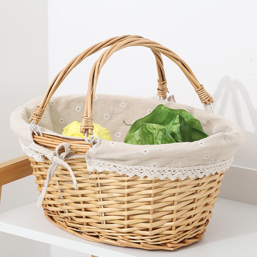Weißer Rattan-Geflechtkorb Blumenkorb Ostergeschenk Mit Griff und Stoffeinsatz Obst Gemüse Brot Haushaltswaren Aufbewahrung