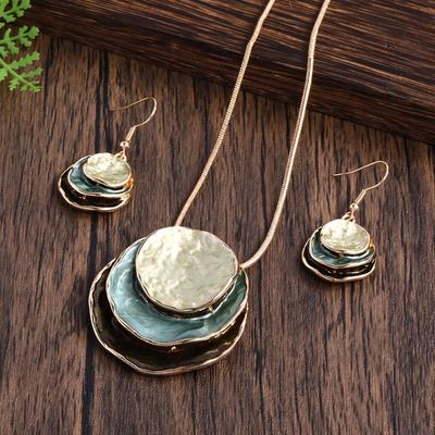 2Pcs/set Multilayer Pendant Jewelry Vintage Boho Jewelry Set Zinc Alloy Enamel Multilayer Round Pendant Necklace and Earrings Elegant Fashion