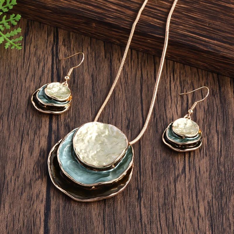2Pcs/set Multilayer Pendant Jewelry Vintage Boho Jewelry Set Zinc Alloy Enamel Multilayer Round Pendant Necklace and Earrings Elegant Fashion
