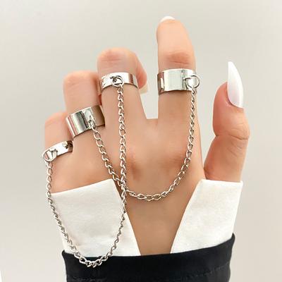 Punk Metal Chain Ring Set Unisex Hip Hop Simple Opening Adjustable Wide Ring Street Fashion Jewelry ARI
