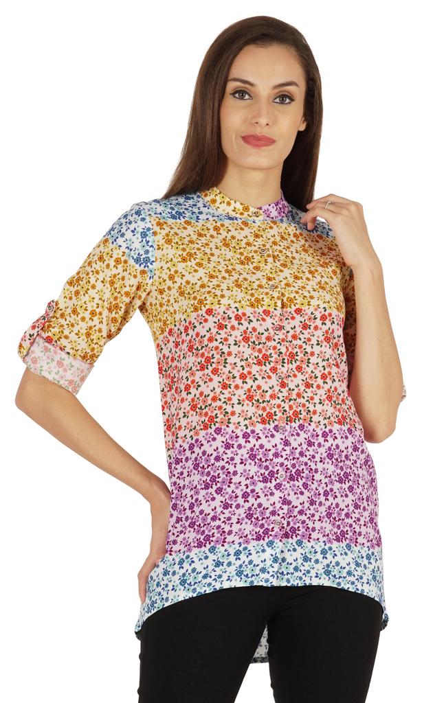 Bimba Button Down Tunic Casual Printed 3 4th Sleeves Loose Fit Rayon Tunic Long Shirt Top For